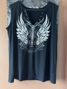 Black Sleeveless Graphic Guitar Wing Tank Top